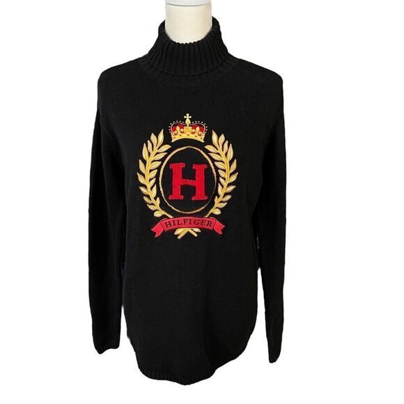 Vintage Y2K Tommy Hilfiger Women Embroidered Crest Turtleneck Sweater Black Sz S - Picture 1 of 9